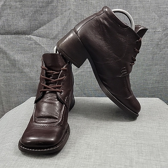 NaNa VTG Brown Leather Granny Ankle Boots Block Heel lace-up SZ 39 - Picture 1 of 12